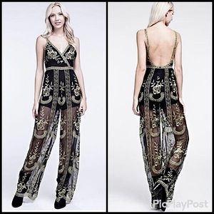 Cocktail Party Black Silver Lace Embroidered Jumpsuit Short Under Sheer Pant NWT